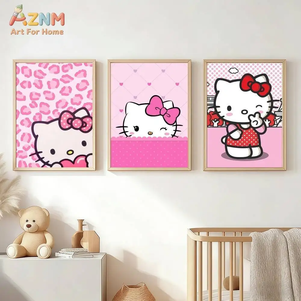 AZNM Hello Kitty Kawaii Sanrio Canvas Wall Art, Cute Cartoon Cat Unframed Print Poster, Pink Leopard Print Bow Themed Canvas Pai