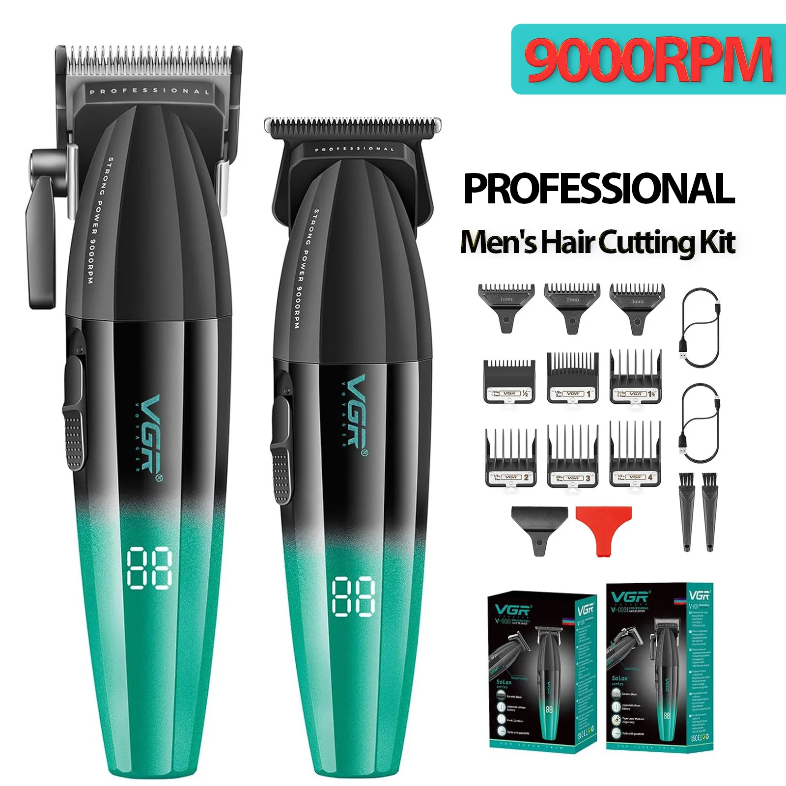 VGR 003 906 Fade Professional Hair Clipper for Men Cordless Clippers Trimmers Set USB Charge Men's LED Display Hair Cutting Kit