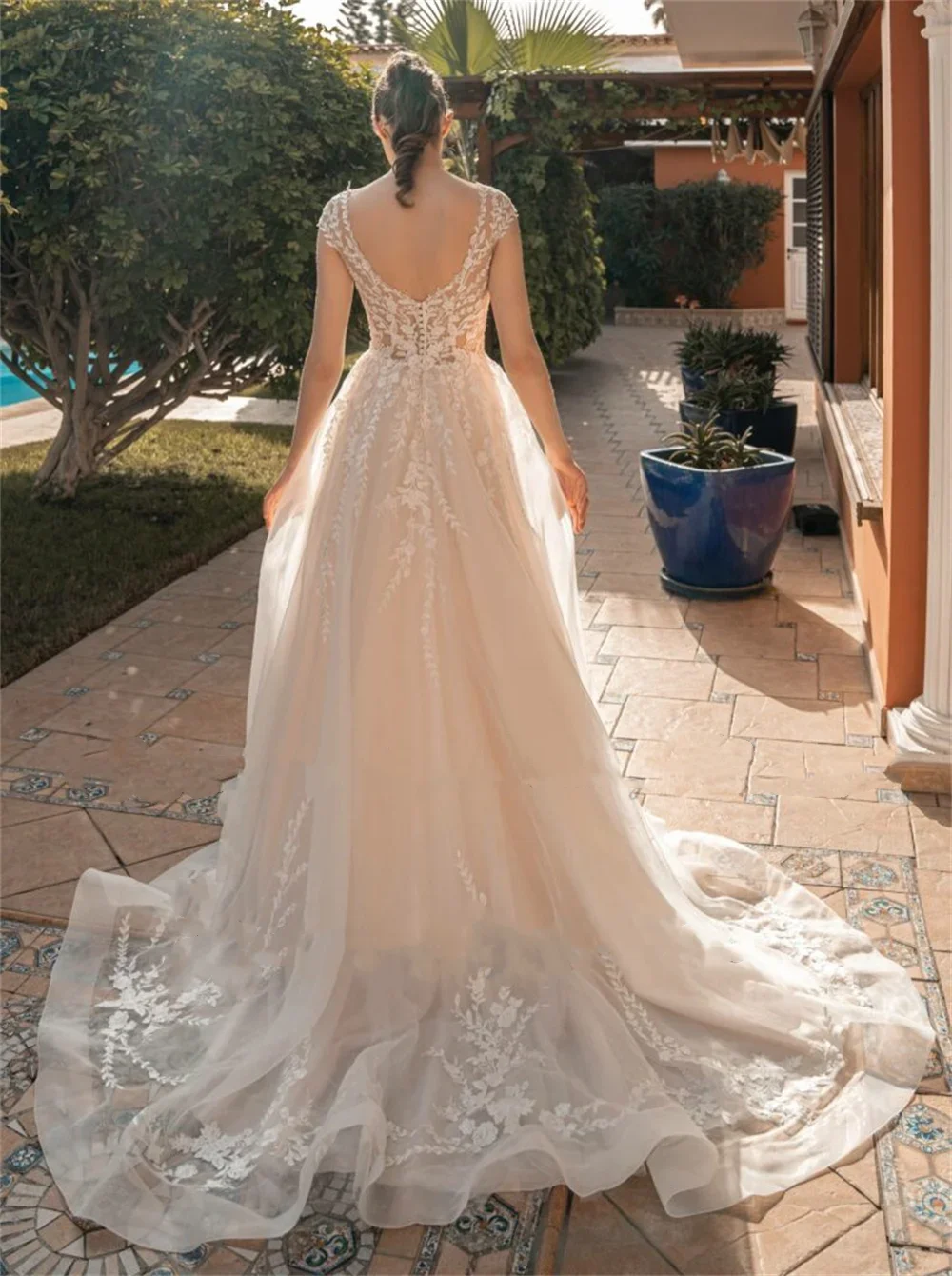 Flavinke, vestidos De novia elegantes clásicos personalizados para novia, apliques con cuello en V, corte en A, mangas casquillo con botones, Vestido De novia De tul