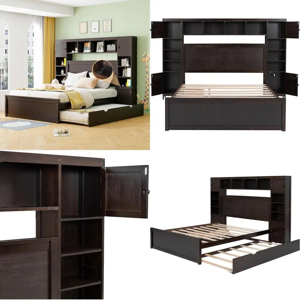 

Queen Size Solid Wood Platform Bed with Storage Drawers, Trundle, and Cabinet for Kids, Teens, and Adults - No Box Spring Requir