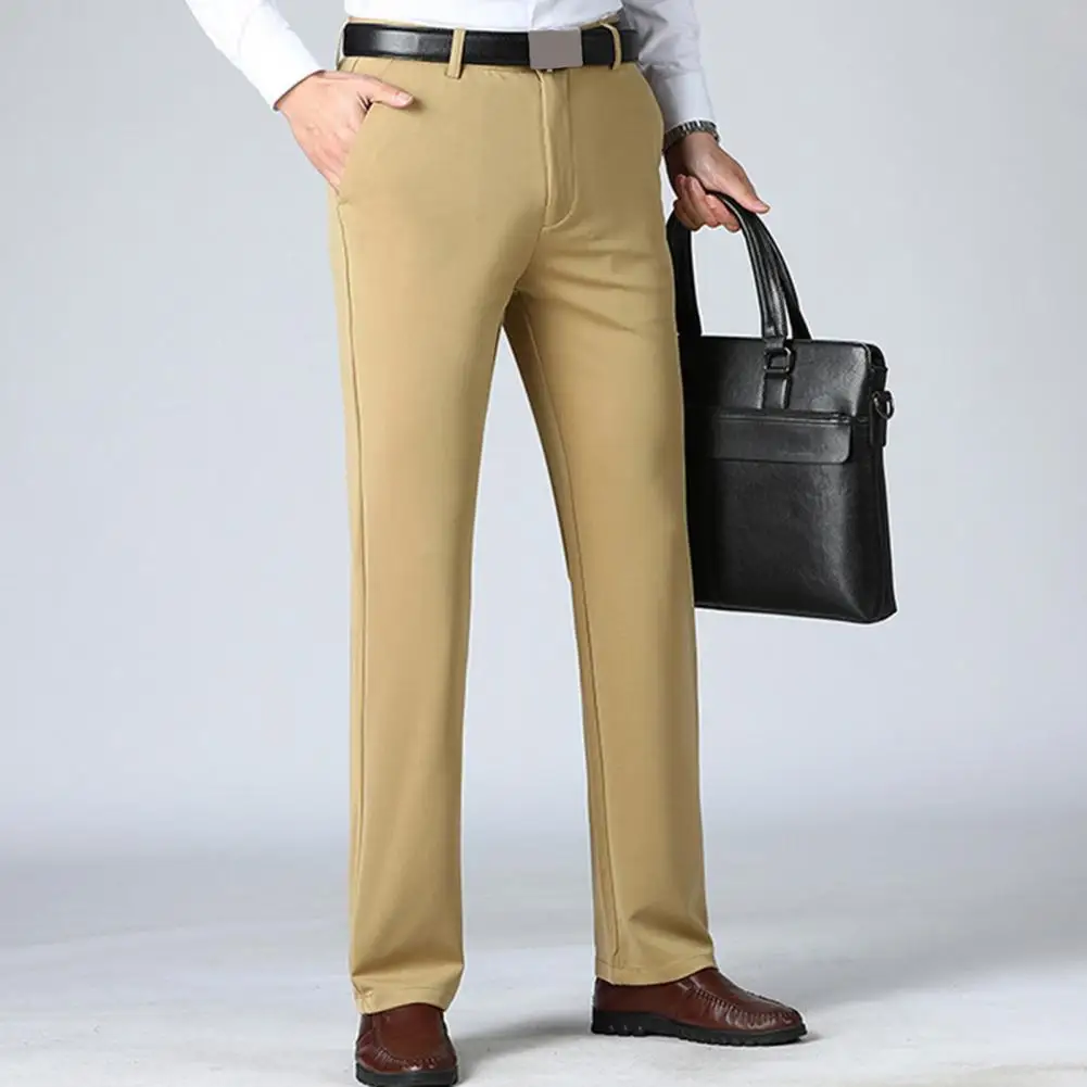 

Men Pants Straight Zipper Button Closure Men Trousers Soft Breathable Thin Formal Business Style Casual Long Trousers