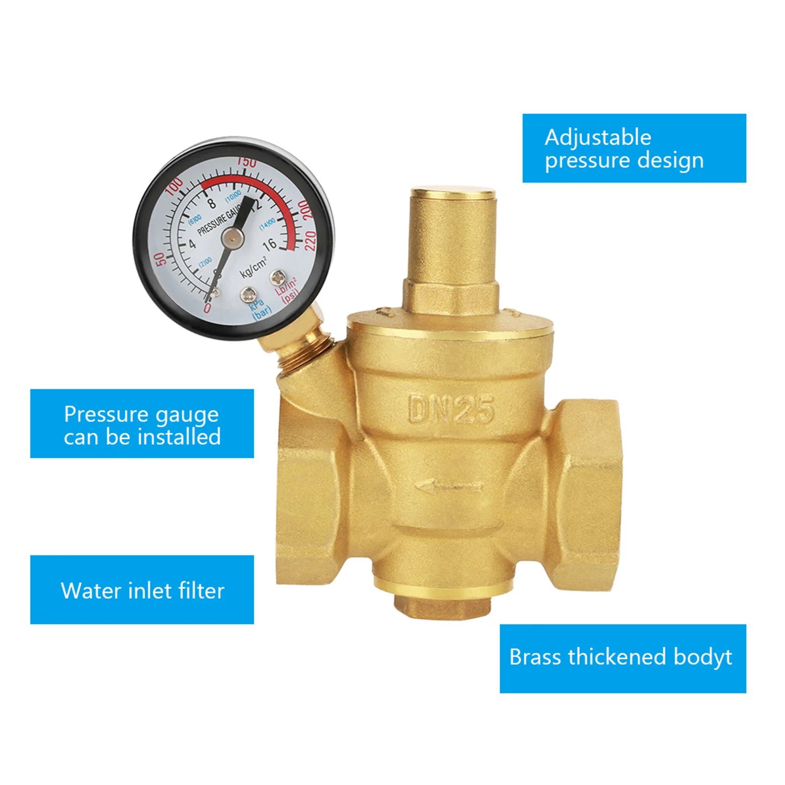 DN25 Brass Adjustable Water Pressure Reducing Regulator Reducer Gauge Meter Water Pressure Reducer Water Pressure Regulator
