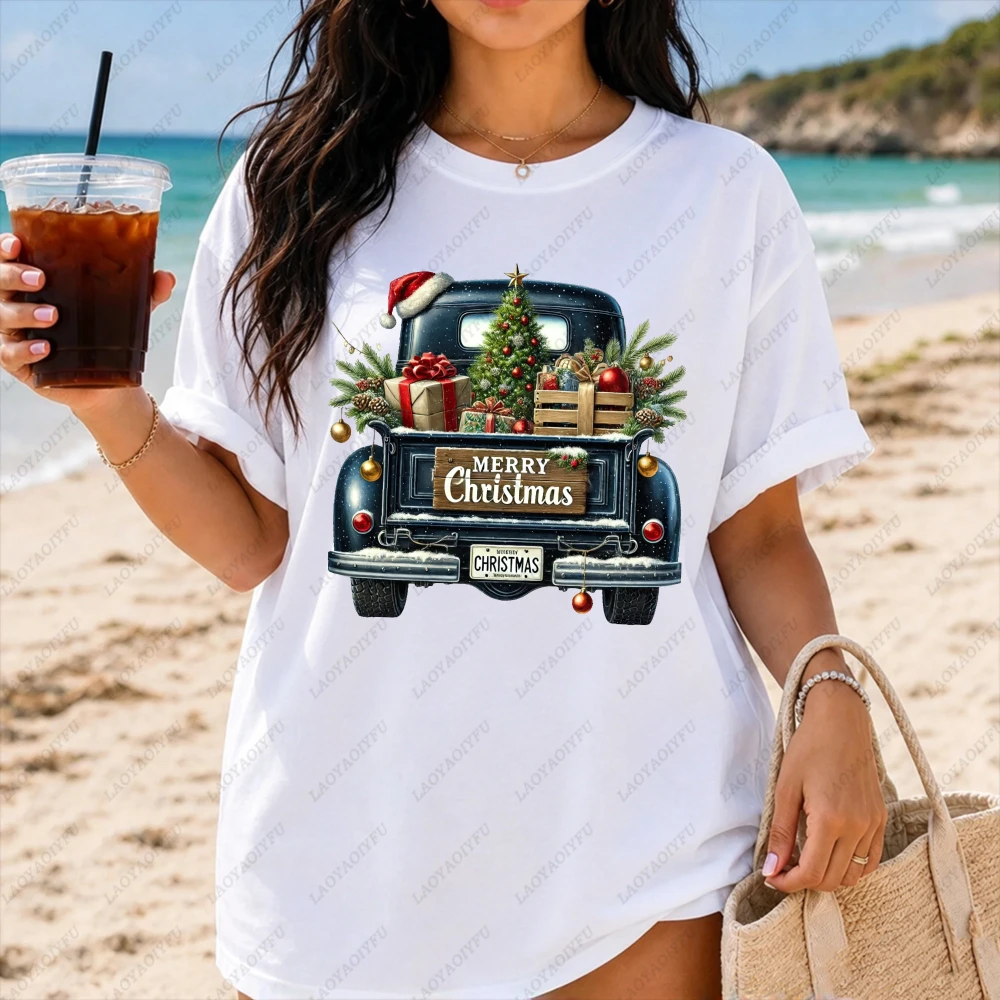 Black Vintage Pickup Truck Christmas Tree Gifts Graphic Women Casual Short Sleeve T-Shirt Retro Holiday Farmhouse Sweatshirt