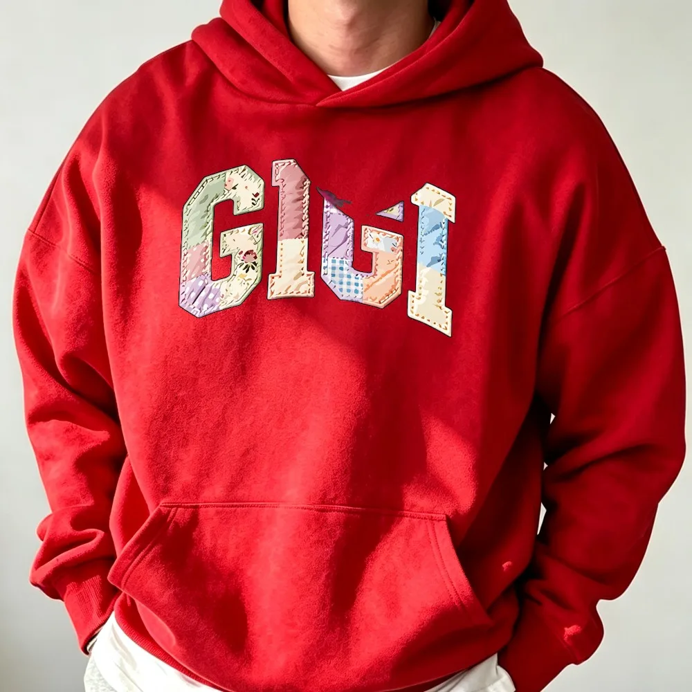 Gigi Patchwork Letter Graphic Hoodie Unisex Vintage Floral Plaid Stitched Text Fall Family Gift Loose Hooded Pullover Sweatshirt