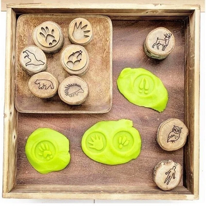 Paquet de 9 pistes d'animaux en bois, timbres Playdoh, imprimés d'animaux