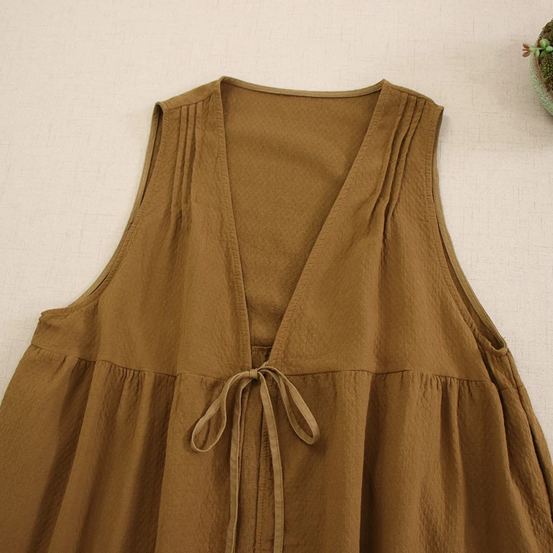 Japanese Mori Girl Solid Color V-neck Sleeveless Tank Dress Sundress Women Vintage Cover Up Casual Loose Vest Dresses