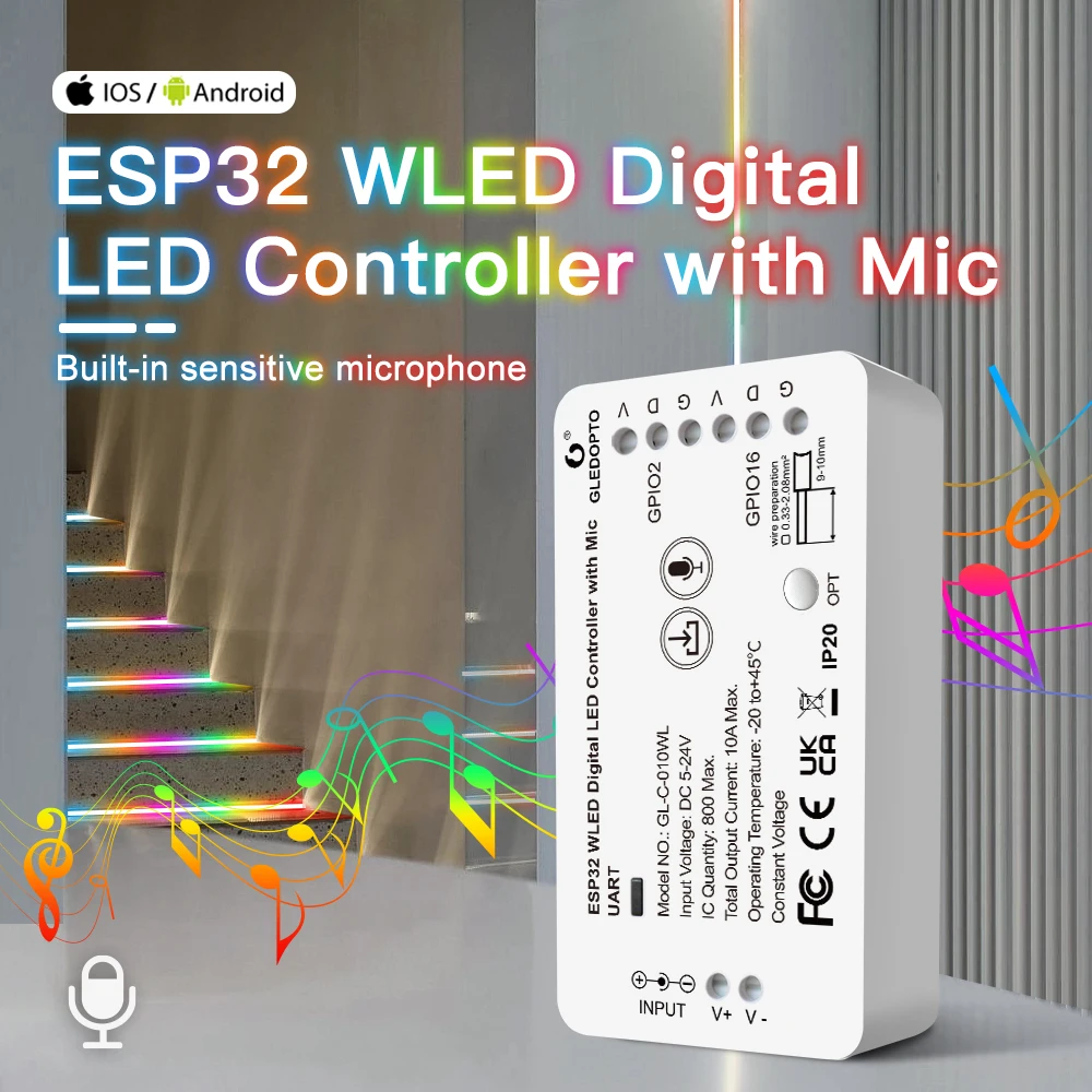 GLEDOPTO-controlador de tira LED WLED ESP32 con micrófono, modo de iluminación dinámica 100, Control por aplicación WiFi 800 IC, WS2811, SK6812