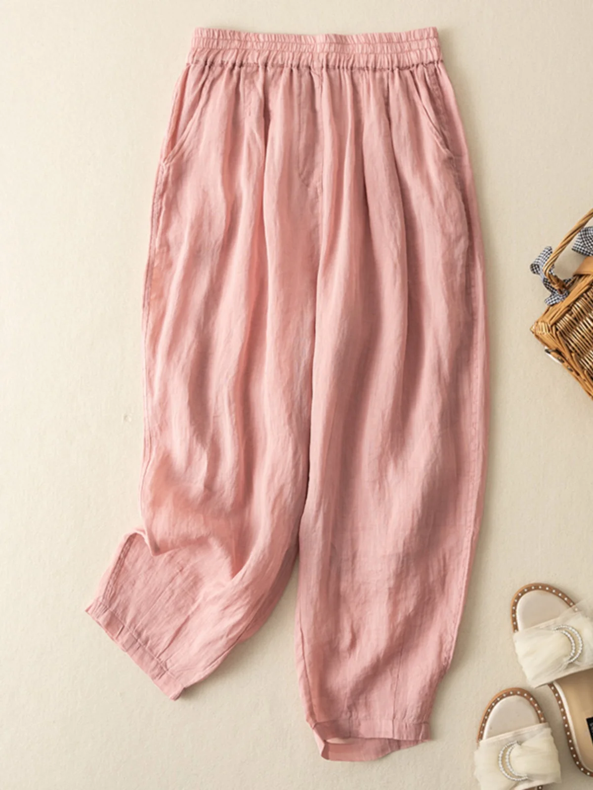 Retro Cotton Linen Casual Pants Women Summer Loose Slim Elastic Waist Draped Thin Nine Points Linen Harlan Pants