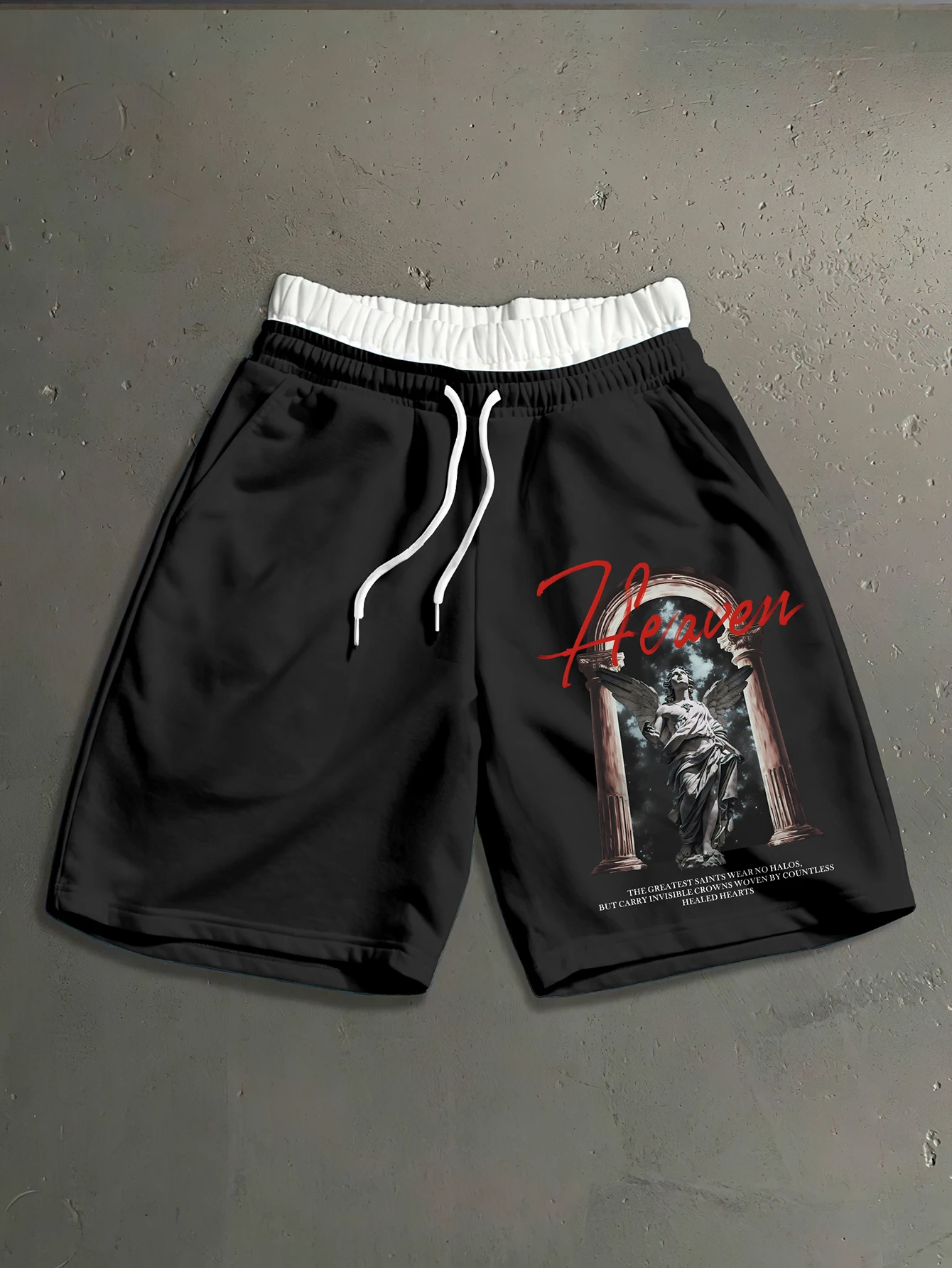 Men's Streetwear Shorts Brand Heaven Angel Statue Print Polyester Gray Dual Waistband Casual Shorts S-2XL All Size 1Pc
