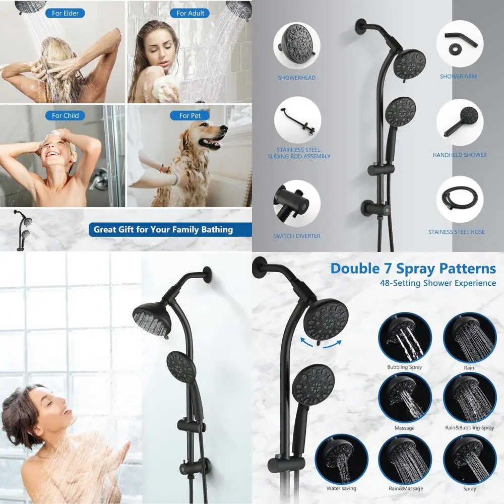 

Adjustable Height Matte Black Shower Combo with 48-Setting Handheld and 3-Way Diverter
