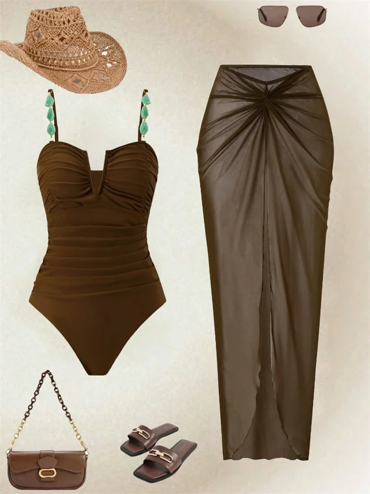 Vintage Coffee Mesh Long Skirt Swimwear Sets Women Sexy Pearls Strap V Neck Pleate Slim Bathing Suit One Piece Swimsuit 2026