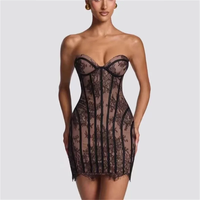 

Black Lace Prom Dress Sexy Corset Sleeveless Lace Up Back Short Mini Formal Casual Hot Girl Evening Party Wedding Gown