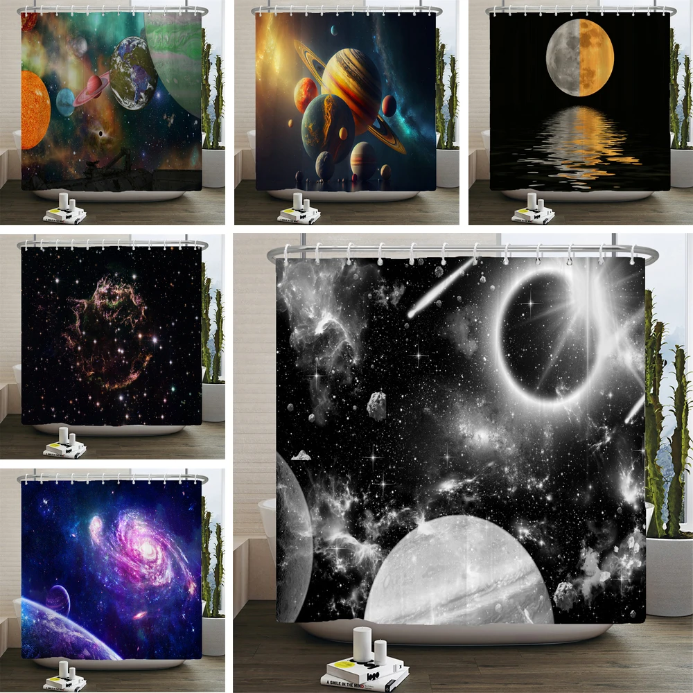 Night Moon Shower Curtain Starry Sky Landscape Printing Waterproof Fabric Bathroom Curtains With Hooks Home Decorative Curtain