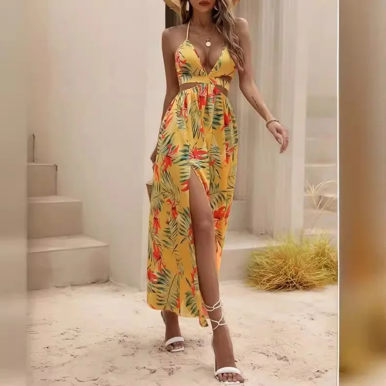 

Summer 2025 fashion new elegant printed bohemian sexy holiday beach dress for women; Western style strapless bow tie slit dress