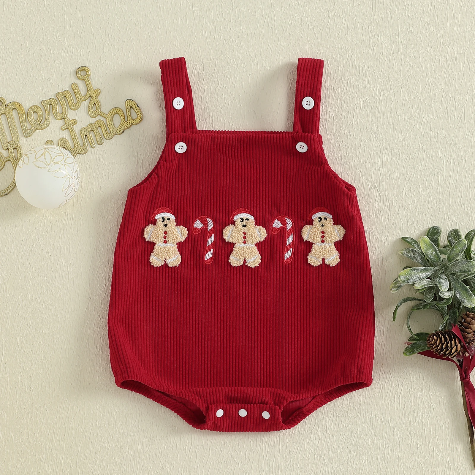 Tregren 0-18M Newborn Baby Christmas Romper Overalls Tree Letter Embroidery Sleeveless Corduroy Bodysuit Festival Infant Clothes