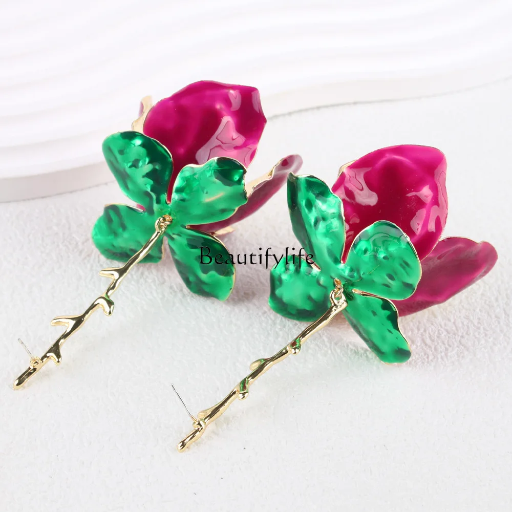 

Summer exaggerated pleated enamel craft heavy metal flower earrings