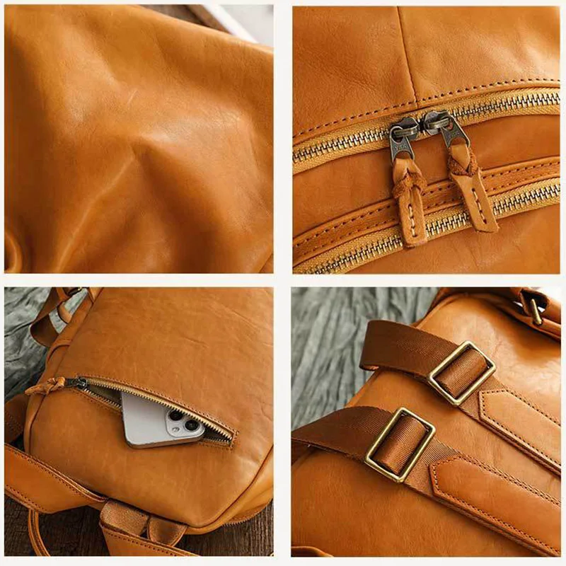 Genuine Leather Backpack for Women Retro Soft Real Cowhide Ladies Double Shoulder Bag Multi Pocket Fashion Casual Travel Daypack