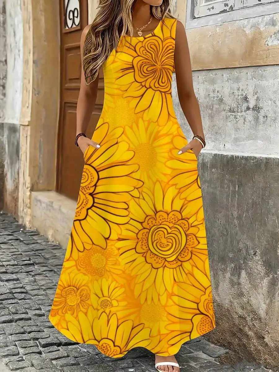 

Yellow Sleeveless Maxi Dress With Sunflower Print For Summer Beach Vacation
