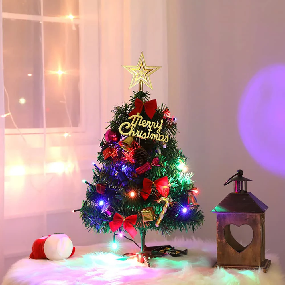 

50cm Mini Christmas Tree Set with LED Lights Red Bows Hanging Ornaments Star Tree Table Office Home Christmas Decorations Gift