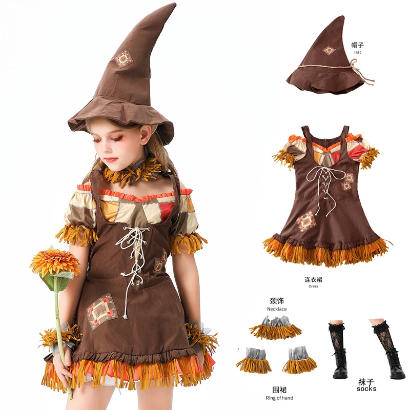 

Halloween Children's Costume Funny Dress Up Scarecrow Pastoral Farm Dress Up Girl Clown Witch Show Costume