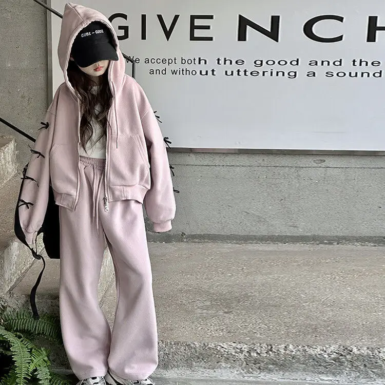 سترة قماشية غير رسمية لخريف وشتاء 2025 بفيونكة فضفاضة مخططة على شكل قلب + بنطال واسع الساق للمراهقين مجموعة 4 8 10 12 14 15 سنة