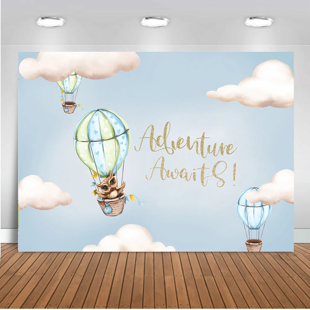 Aventura espera Baby Shower telón de fondo pájaro carpintero globo de aire caliente nubes Fondo fiesta de cumpleaños decoración W-7966