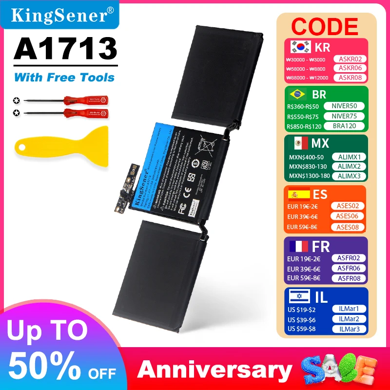 KingSener A1713 Аккумулятор для ноутбука Apple MacBook Pro 13 дюймов A1708 2016 2017 EMC 2978 3164 020-00946 MLL42LL Аккумулятор AKKU 4781 мАч