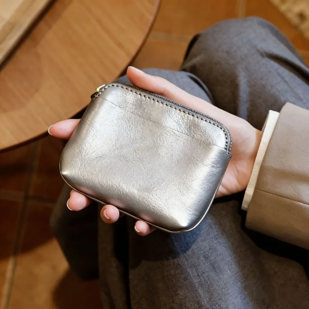 Vintage Minimal Lipstick Pouch Vegetable Tanned Portable Ultra Thin Coin Purse Japanese Style PU Soft Leather Mini Handheld Bag