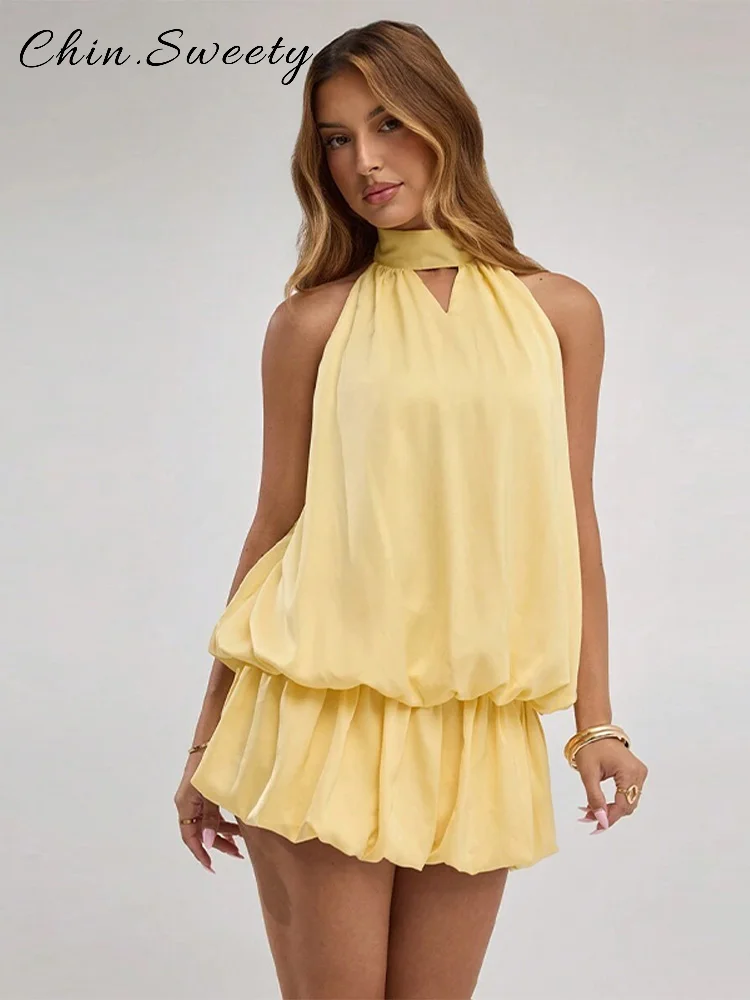 

Elegant Halter Lace Up Pleated Skirts Sets Women Loose Solid Backless Top Mini A-line Skirt 2025 Summer Lady High Streetwears ﻿