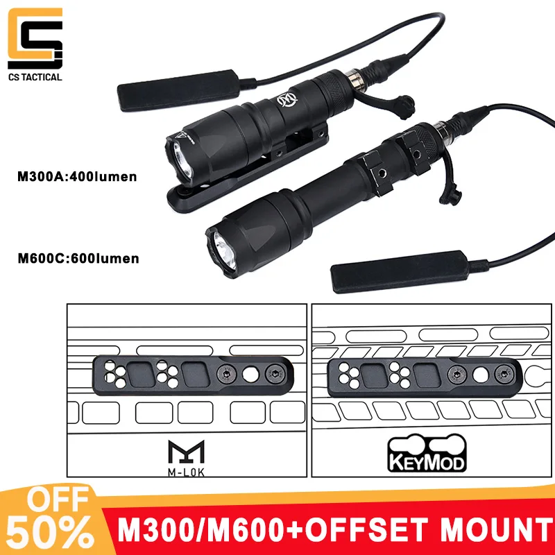 WADSN Tactical Airsoft M300A M600C Flashlight White LED Illumina Light Hunting Accessory With KeyMod M-Lok Rail Bias Metal Base