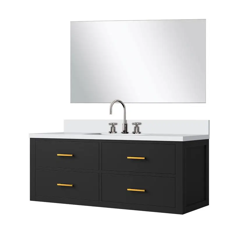 حمام فردي أسود مقاس 48 بوصة مع سطح كوارتز أبيض، ومجموعة مرآة وصنبور مقاس 43 بوصة #3