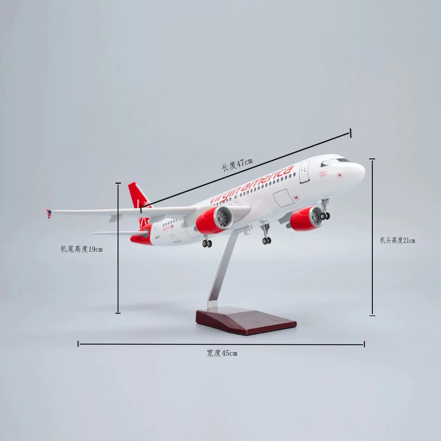 A320 Virgin America Airways 47cm Scale Airplanes Resin Plastic Model Plane Diecast Airplane Kit With Base For Aviation Enthusias