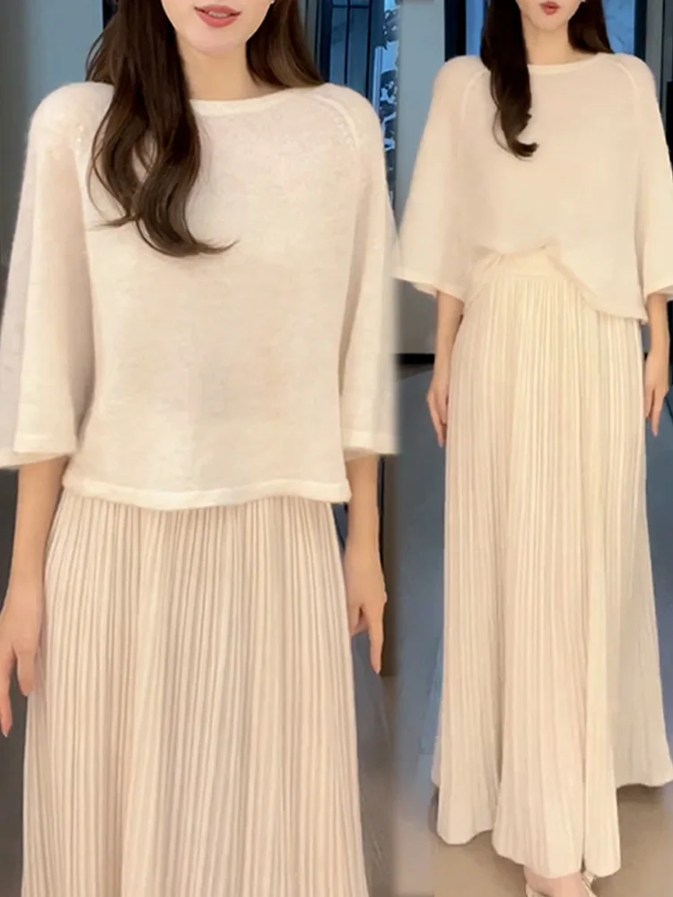 

Повседневный комплект из двух предметов для женщин: новый вязаный топ и юбка с высокой талией для весны и осени, элегантный и комфортный образ