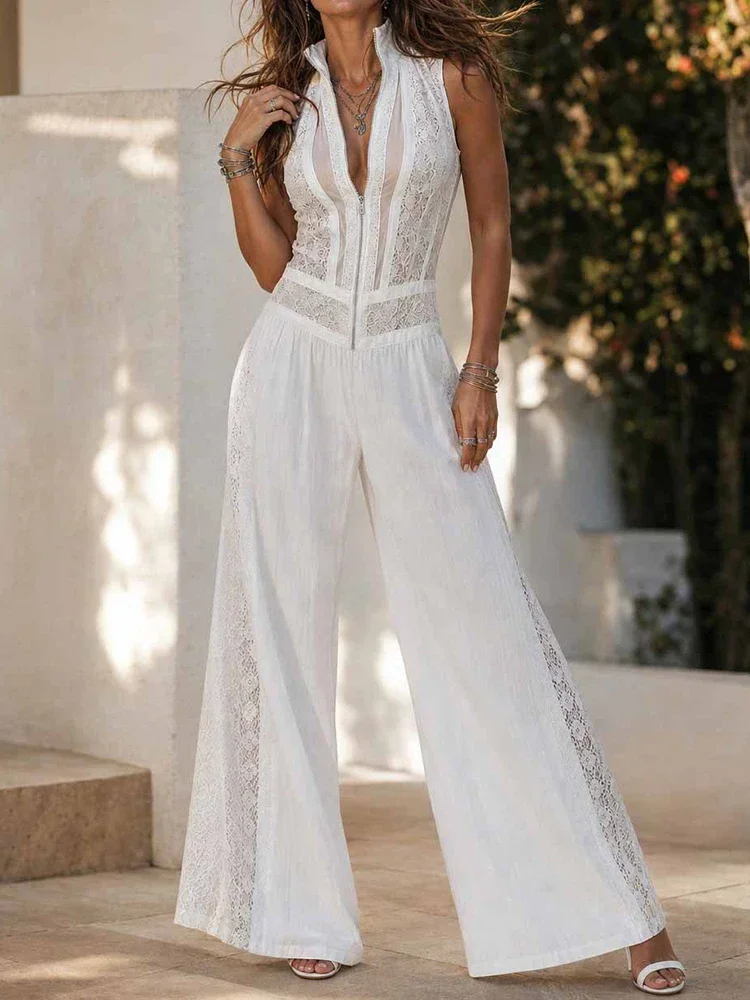 Holiday Hollow Stand Collar Sleeveless Solid Jumpsuit Summer Women's Casual Zipper Patchwork Wide Leg Pants Playsuit Streetwear