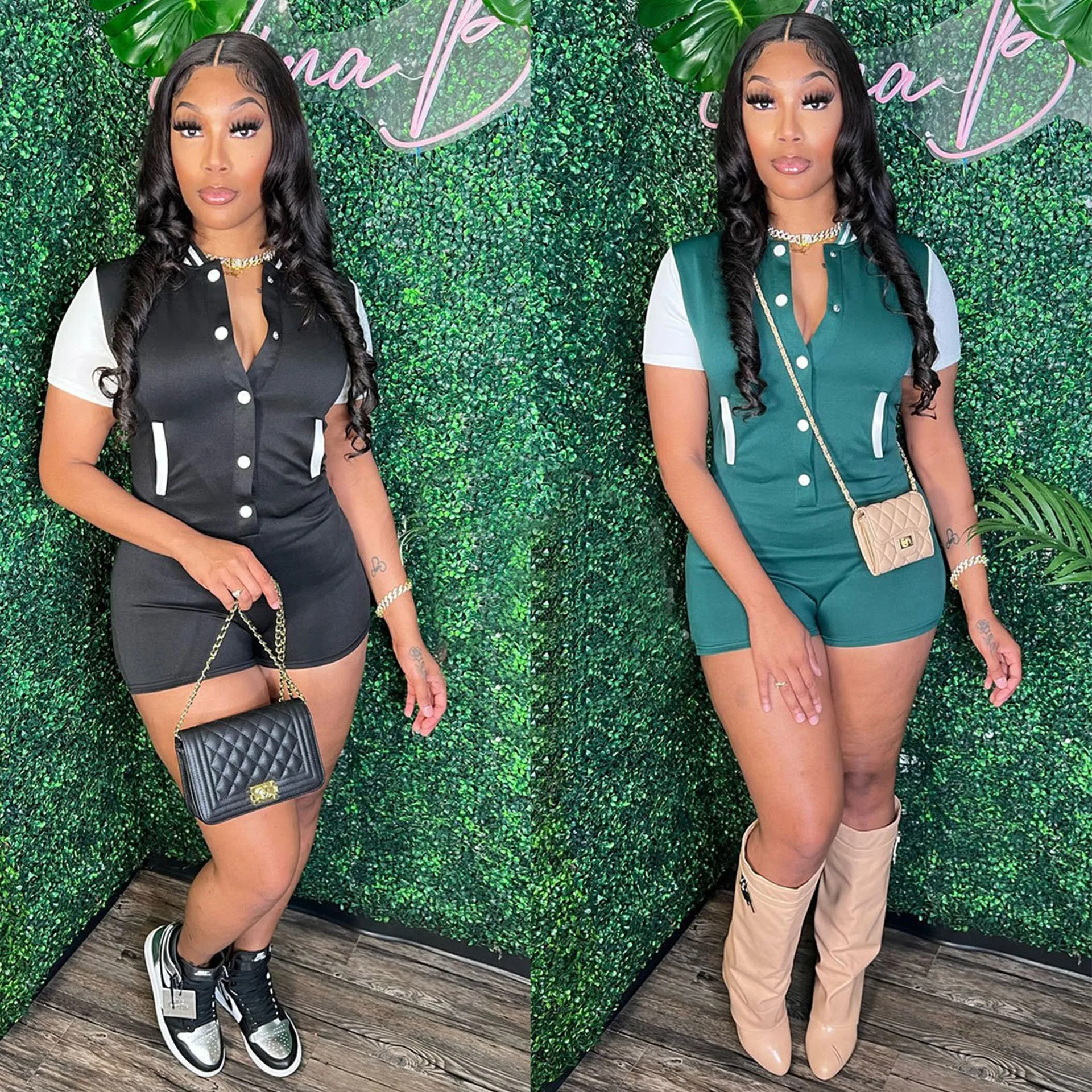 Summer Clothes Jumpsuit Women's Button Front V Neck Romper High Waist Straight Leg Short Jumpsuit Olive Green Burgundy Casual - Image 3