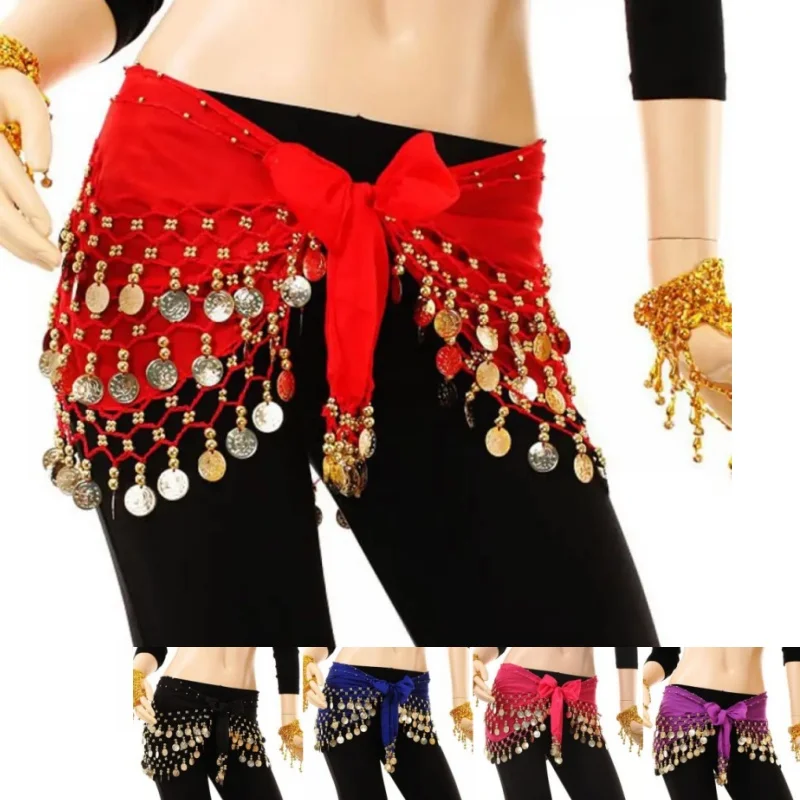 Belly Dance Hip Scarf Accessories 3 Layers Wrap Waist Belt Skirt Gold Coins Tassel Dancer Waist Chain Wrap Dance Wear Costume