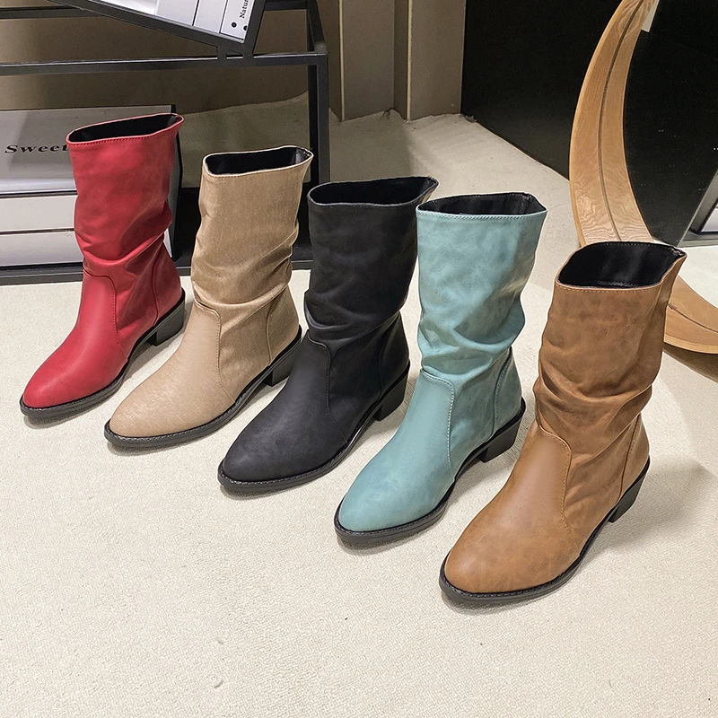 

Women's Fashion Boots Slip-on Pointed-toe Women Shoes Spring Vintage Pleated Mid-rise Work Boots for Women Leisure Botas Mujer