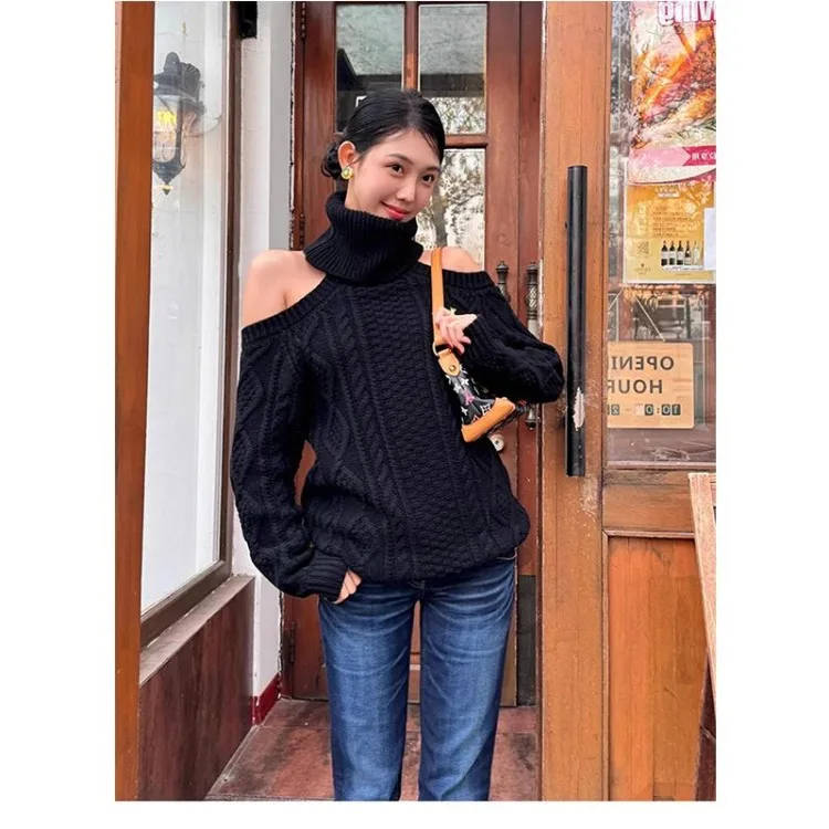 

Black Turtleneck Pullovers Women Clothes Korean Jumper Sueter Mujer Off Shoulder Knitted Ribbed Sweater Y2k Tops Chic Pull Femme