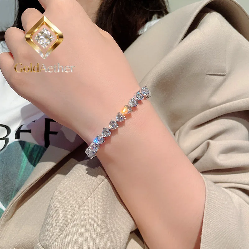 

GoldAether Luxury Solid Platinum PT950 Women's Moissanite Diamond Heart-Shaped Love Bracelet Full Diamond Bracelet