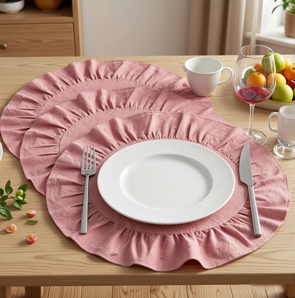 Cotton Round Placemats Cloth Napkins with Ruffle Washable Placemats Table Mats for Wedding Decoration Dinning Kitchen Table Mats