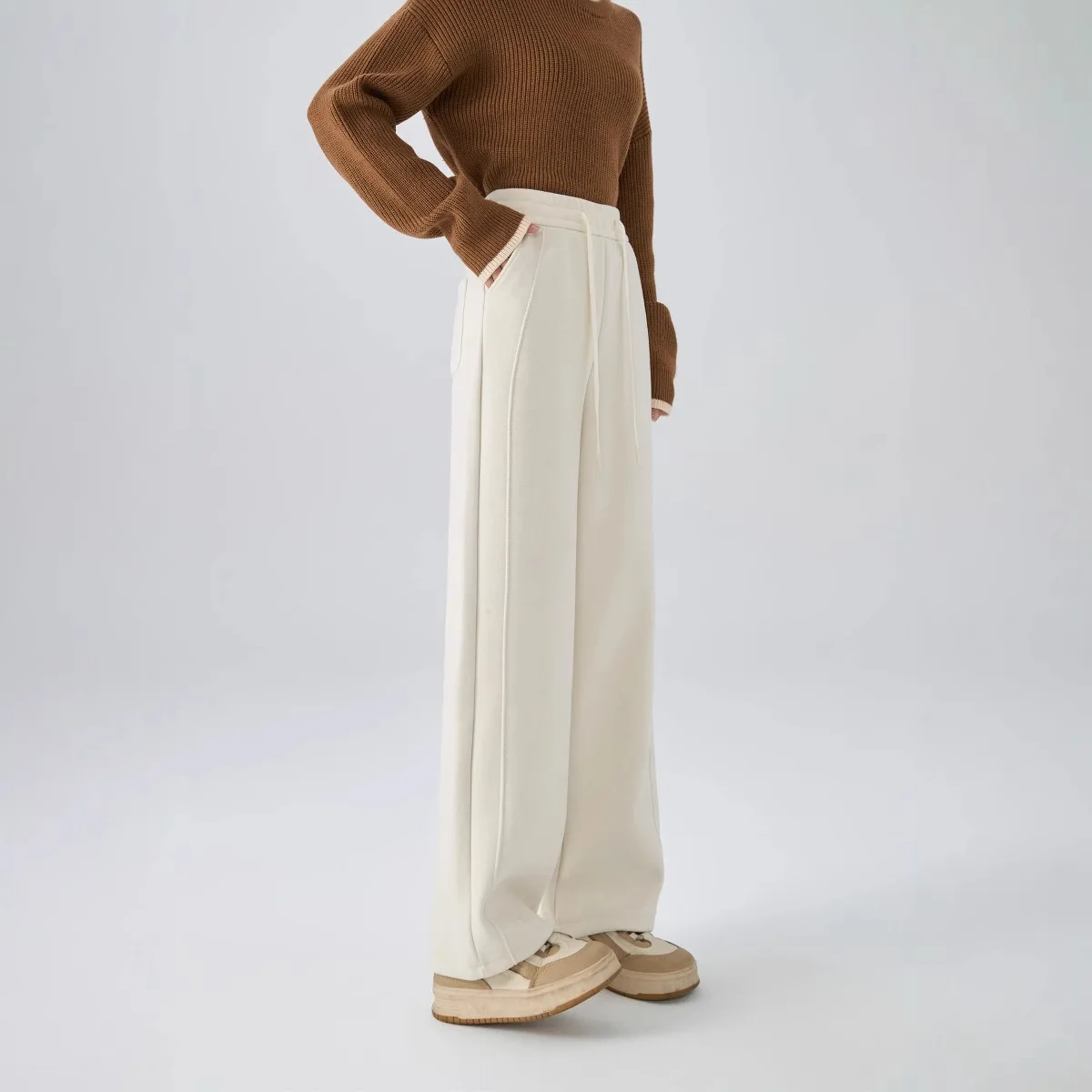 2025年 ウールシルクパンツ 縦感ストレート チューブ型 ナローバージョン ワイドレッグパンツ 冬用 ベルベット素材入り レディース