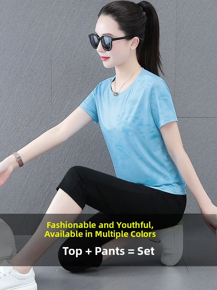 Ice Silk Outdoor Sports Suit Women's Summer Thin New Sle Breathable Qui Dry ort Sve Seven-Piece Pants Two-Piece Set