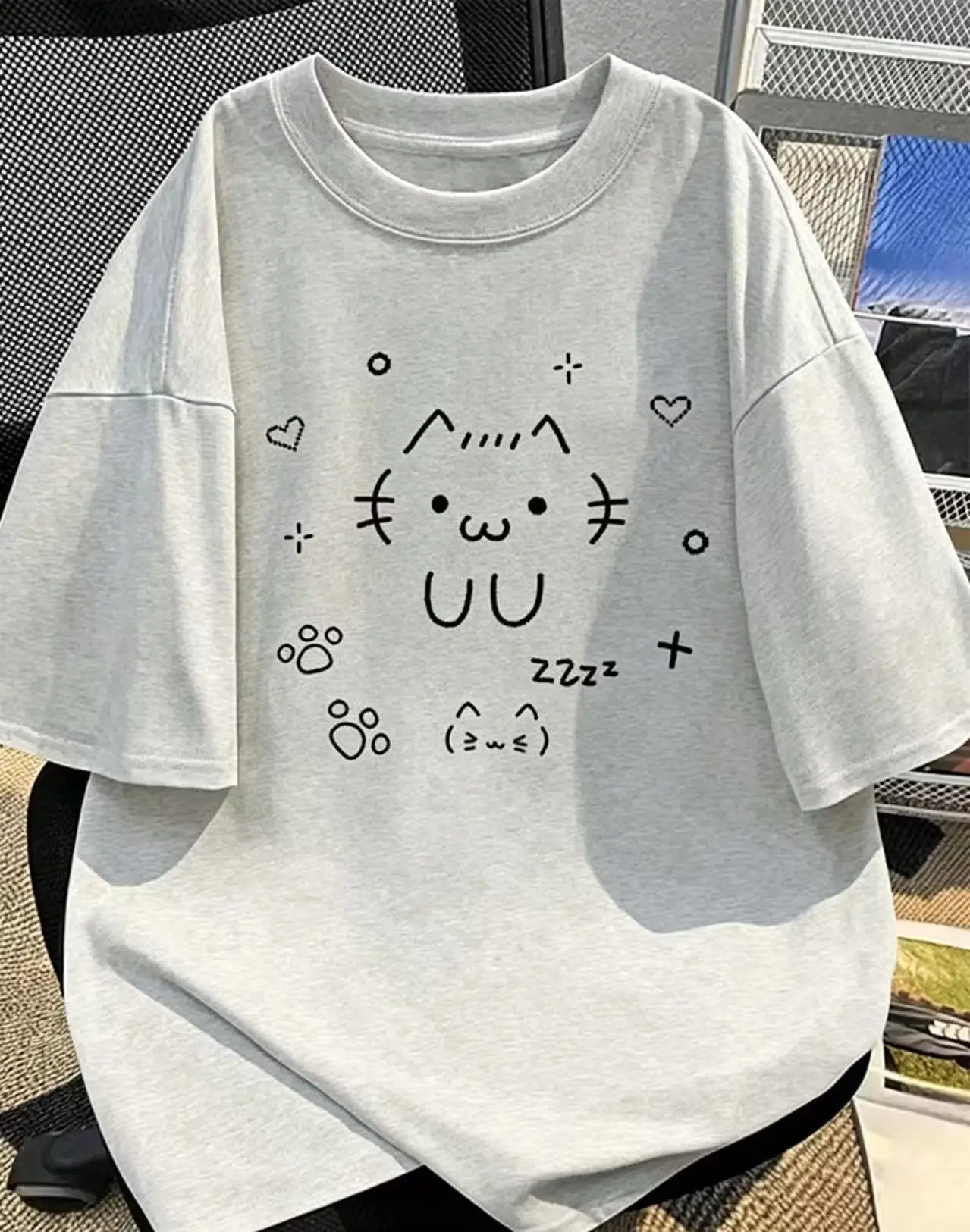 Cotton  100% Men Cute Doodle Cat Graphic T‑Shirt Simple Line Drawing Kitten Paw Print Casual Short Sleeve Tee Tops