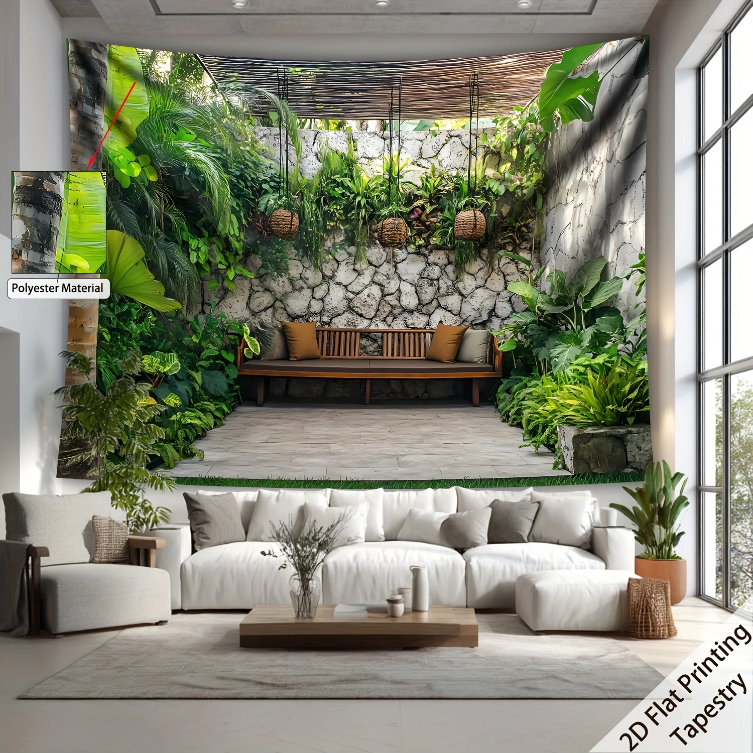 1pc Extra Large Serene Garden & Patio Tapestry - Lush Greenery & Wooden Bench Scene, Polyester Wall Hanging for Living Room, Bed