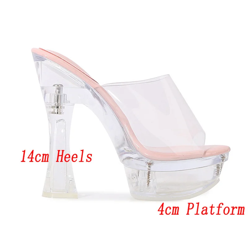 2023 Women Summer Block 14cm High Heels 4cm Platform Slides Peep Toe Mules Lady Transparent Slippers Clear Extreme Heels Shoes