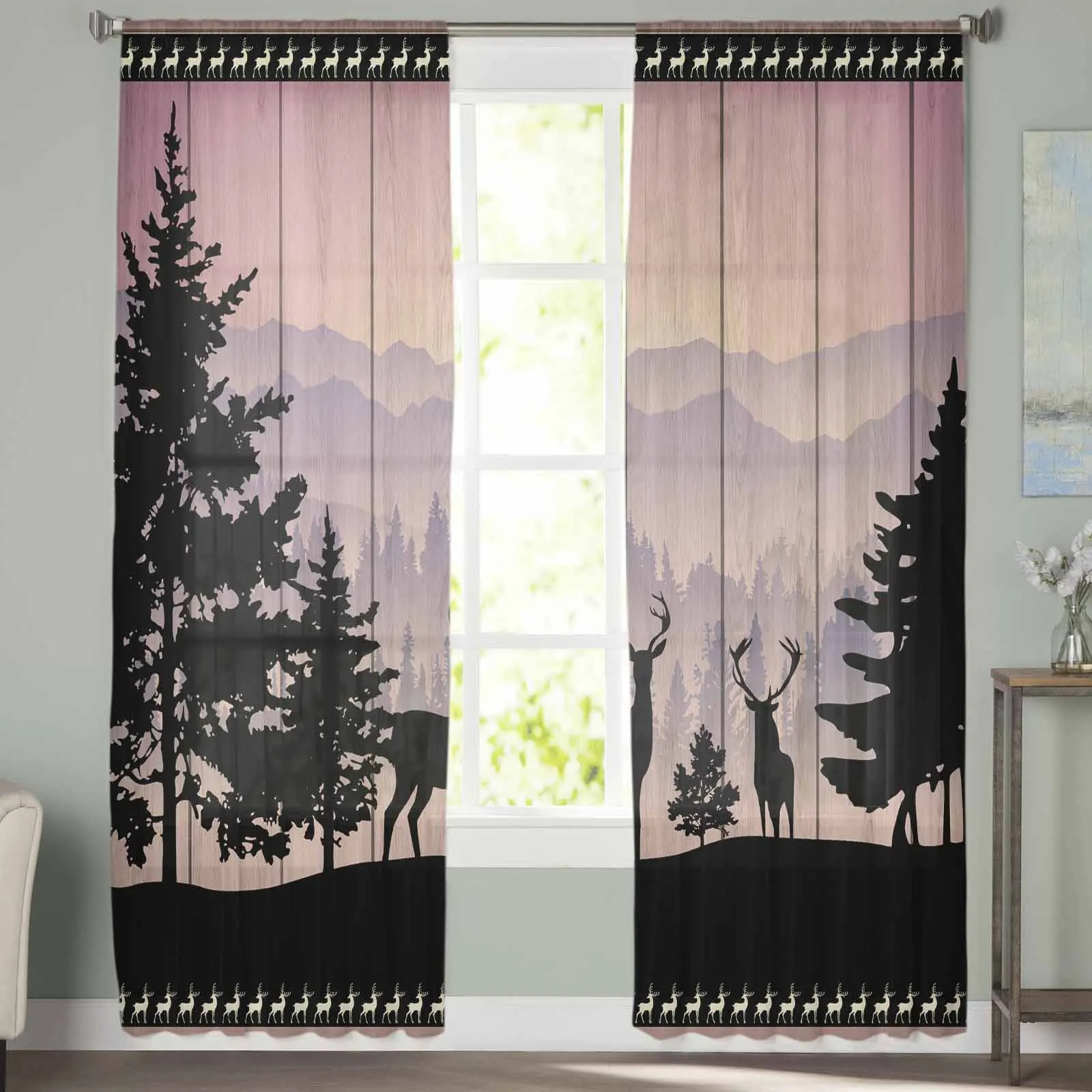 Forest Silhouette Deer Animal Moon Triangle Tulle Sheer Curtains For Living Room Kitchen Children Bedroom Voile Hanging Curtain