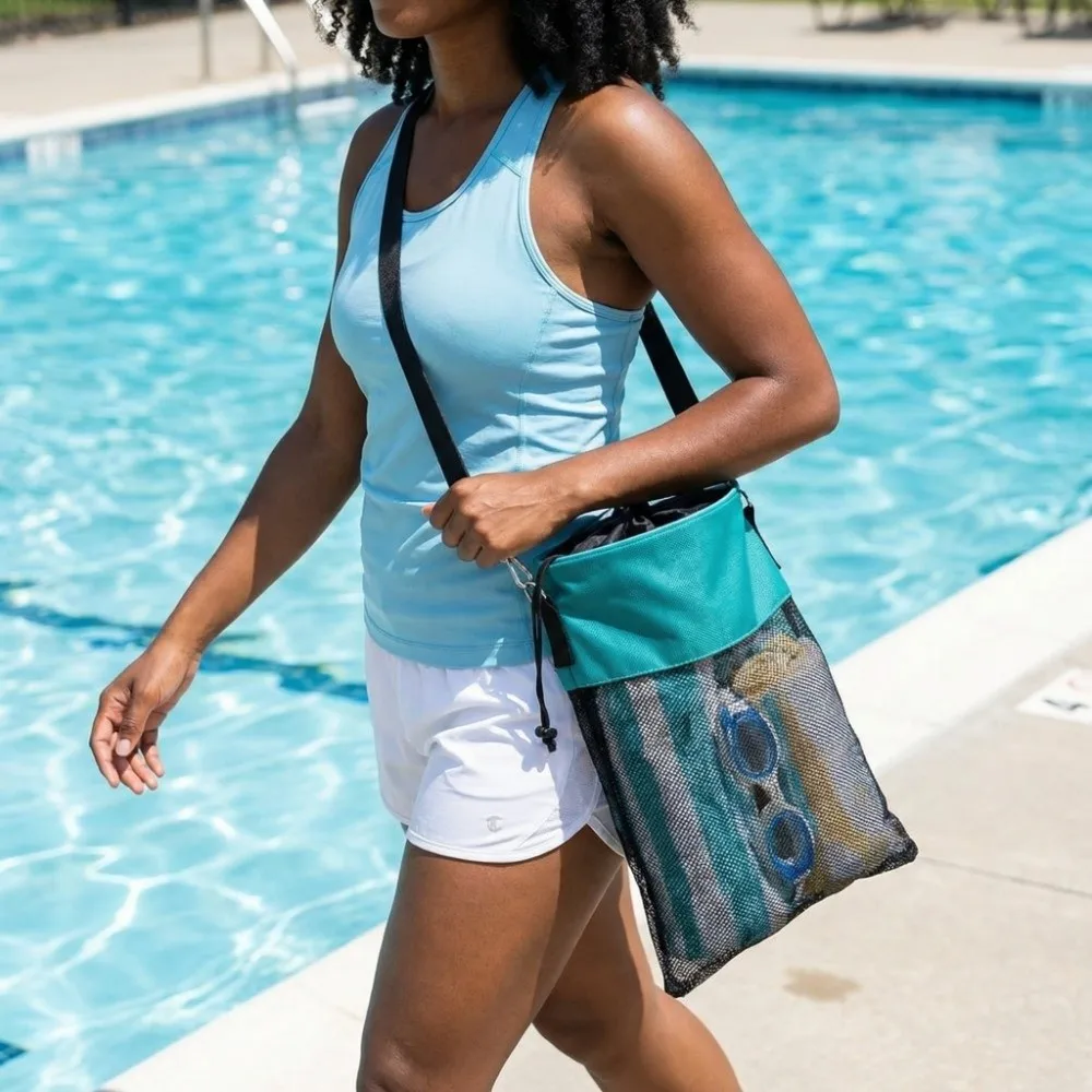 Drawstring Closure Clothespin Storage Bag Portable Lightweight Compact Beach Bag Hook Easy Clean Swimming Shoulder Bag
