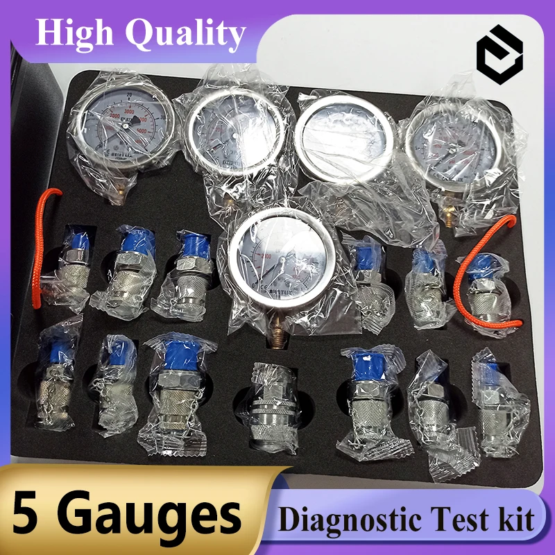 5 Gauges Hydraulic Pressure Diagnostic Test Kit for Hydraulic Pressure Test Kit for Excavator Parts