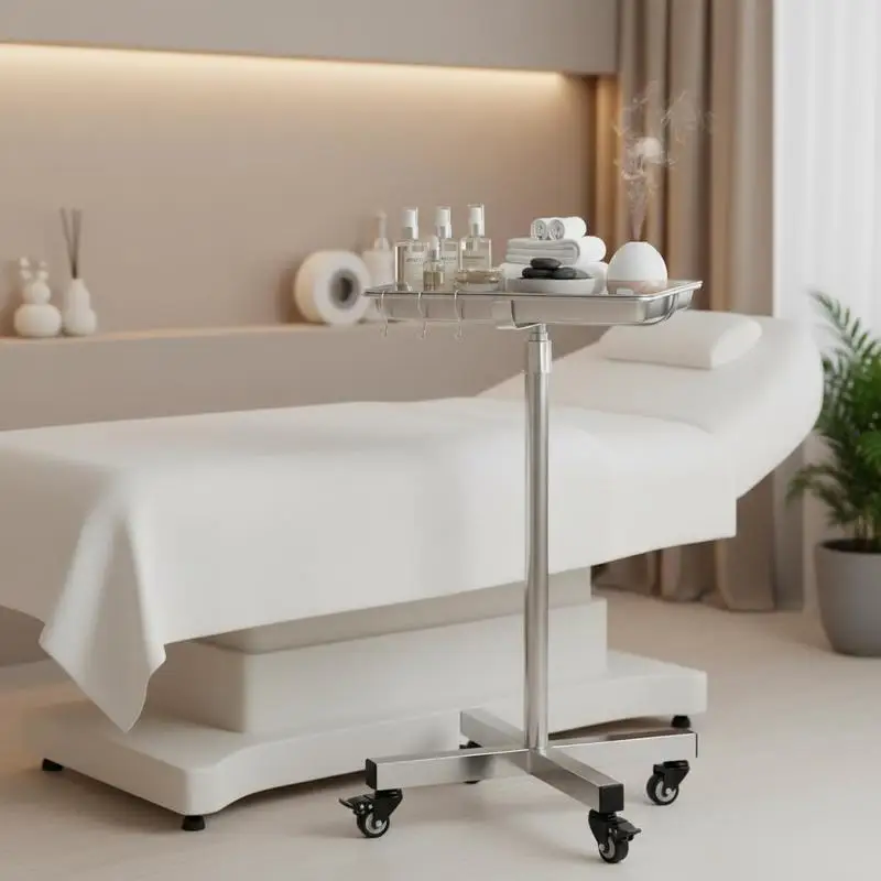 Chariot de laboratoire/chariot de service, en acier inoxydable avec plateaux amovibles en acier inoxydable, capacité de charge jusqu'à 16 kg, hauteur réglable 64-101 cm, plateau médical pour spa, salon, clinique, soins personnels, argent