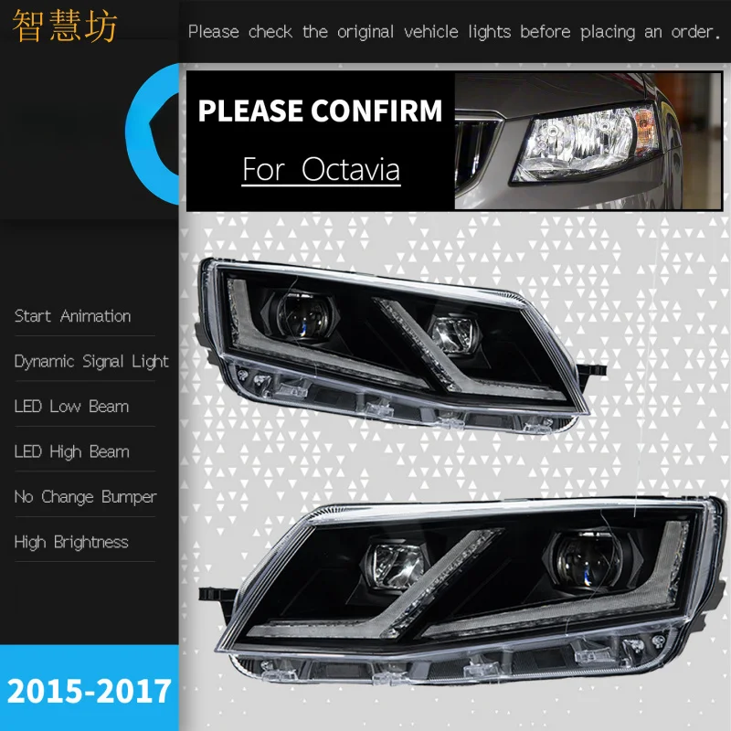 Suitable for 15-17 Skoda Octavia A7 Headlight Assembly Modified Double L Style LED Lens Headlight Assembly